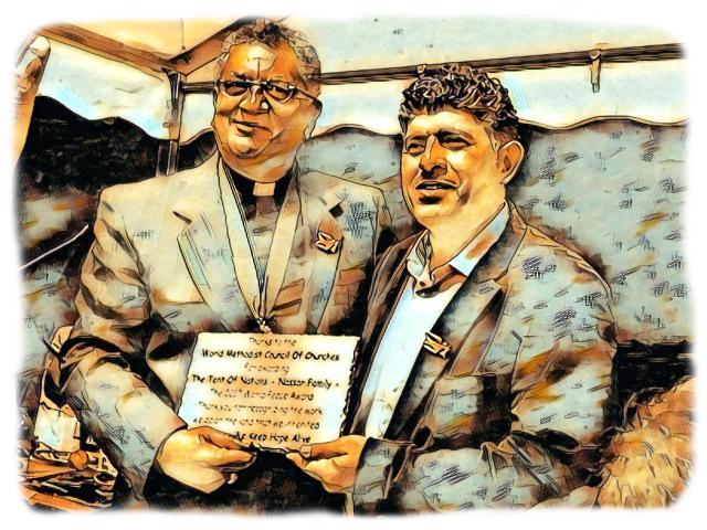 Bishop Ivan Abrahams of South Africa presents the World Methodist Council Peace Award 2018 to Daoud Nassar at Tent of Nations in the West Bank, occupied Palestinian territory.